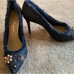 Jessica Simpson denim floral heels